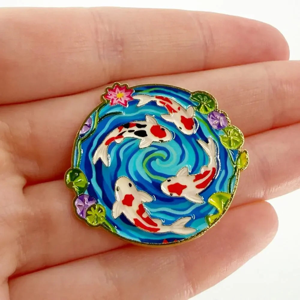 Koi Fish Pond Soft Enamel Pin Japanese Kawaii Water Lily Lapel Badge Gift